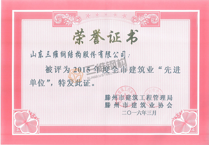 山東三維鋼結構股份有限公司先進單位證書